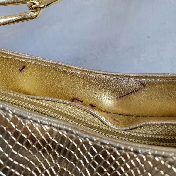 Vintage Vegan Leather Croc Snake Embossed Gold Link Strap Shoulder Bag Small - Picture 9 of 13